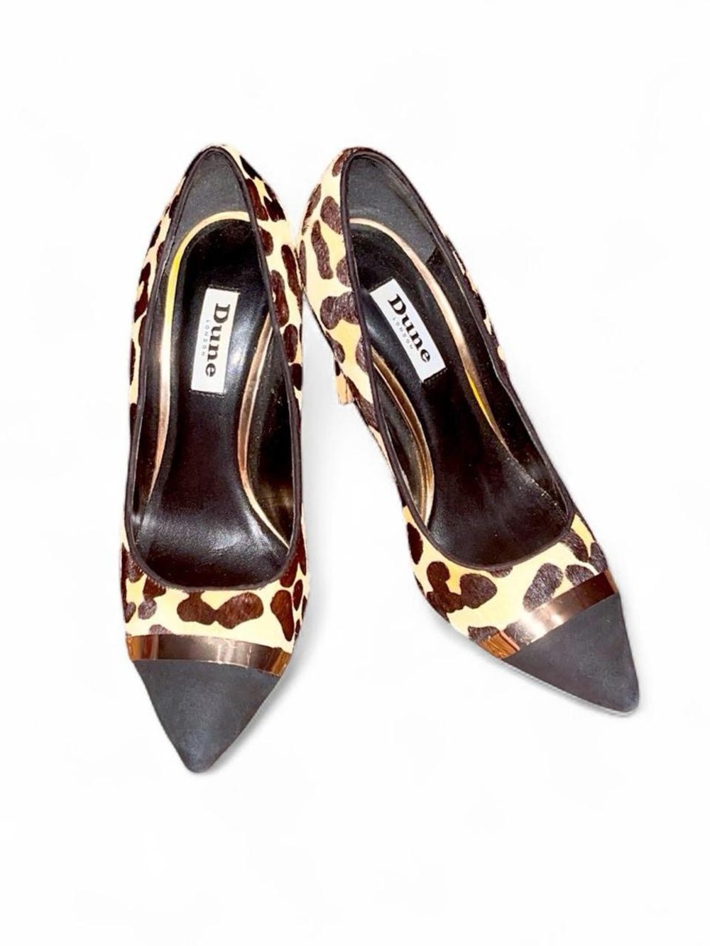 Y2K Glam Leopard Print Pony Hair Pointed Pumps w/ Gold & Black Toe